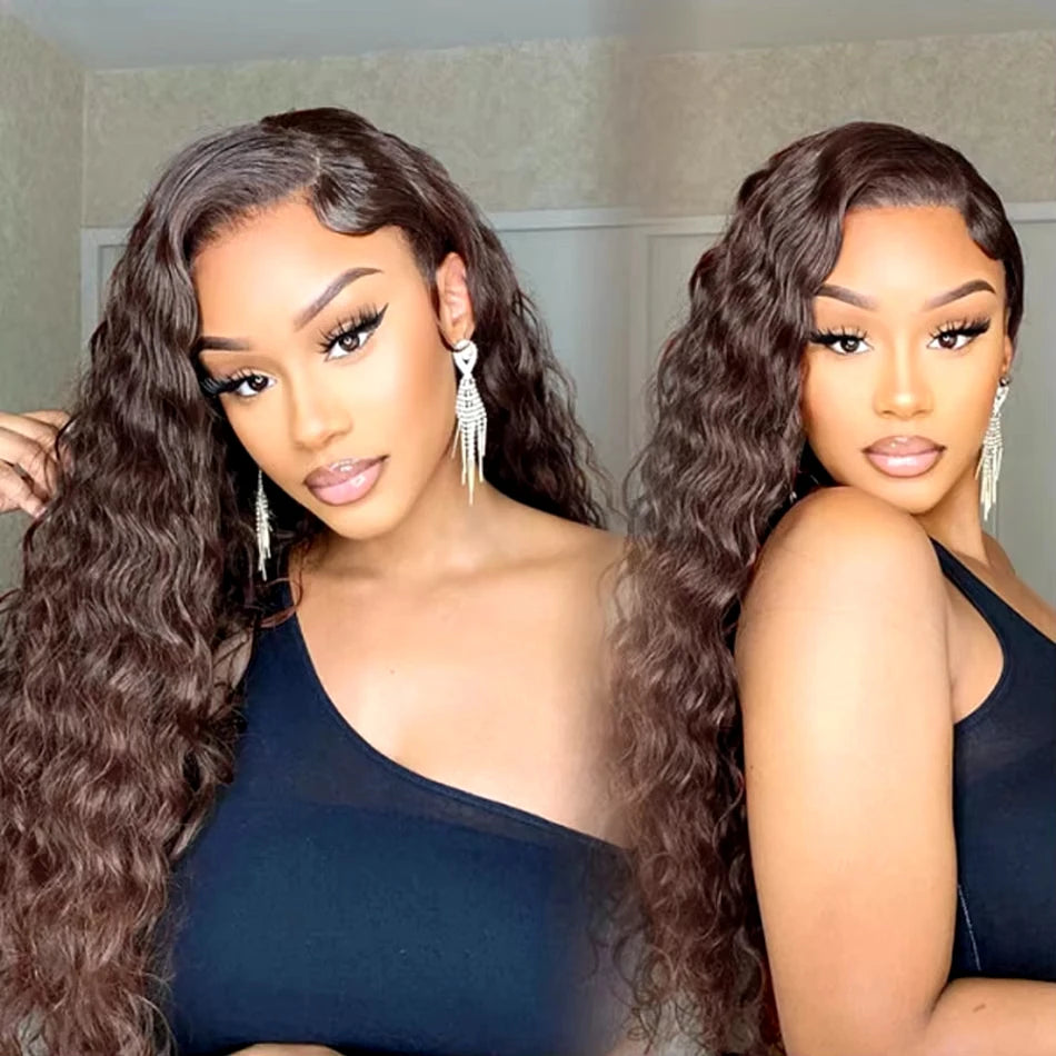 34 Inch Deep Wavy Lace Front Wig in Chocolate Brown Featuring 200 Density And 13X6 HD Lace. This Curly Human Hair Wig Is Ideal for Women And Comes with Pre-Added Natural Hair Threads in Shade 4 Brown