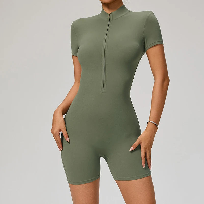 SOISOU Zipper Jumpsuit Women Short Sleeves Clothing Sportswear Woman Gym Yoga Sport Sets Nylon Workout Sets Women Tracksuit
