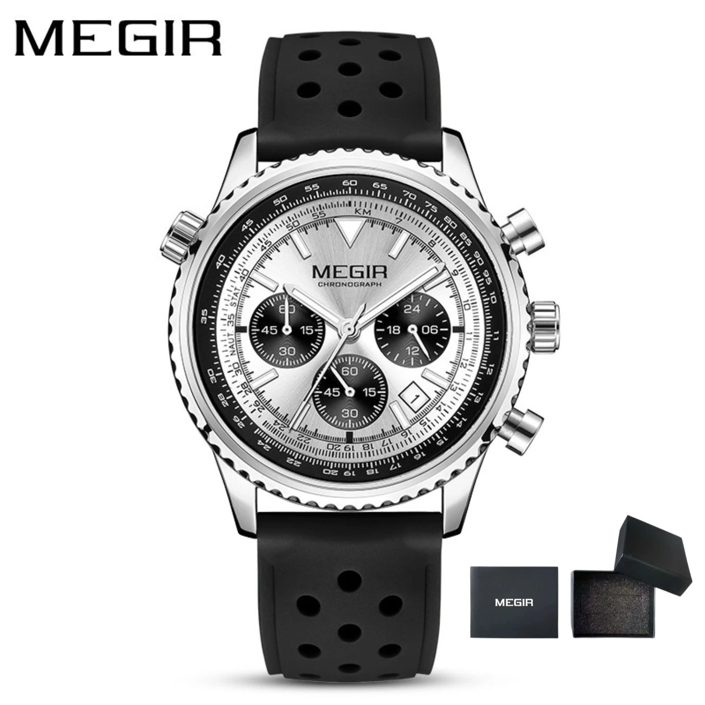 MEGIR Silver Black Quartz Watch Men Military Sport Chronograph Wristwatch with Silicone Strap Luminous Hands Auto Date 2236