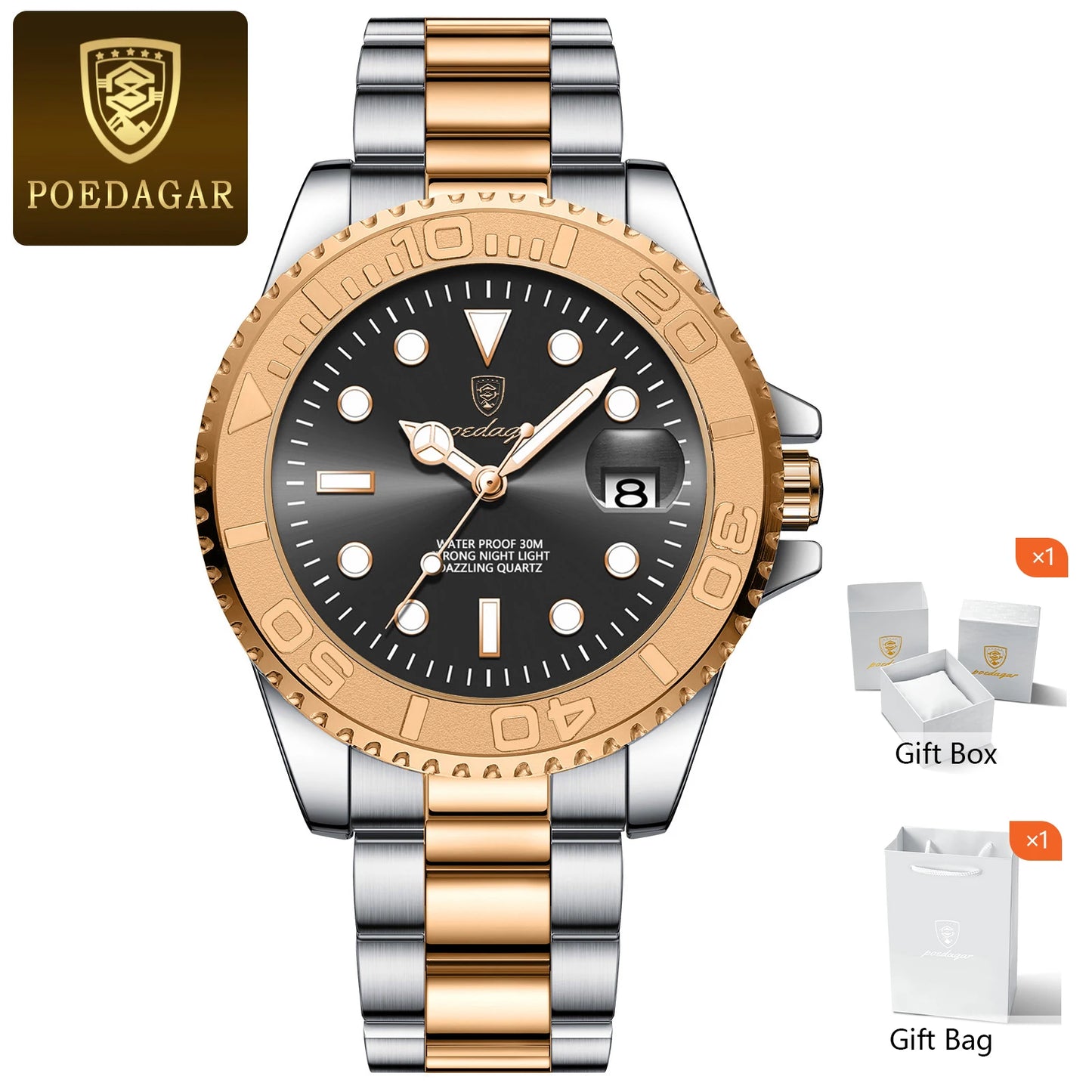 POEDAGAR Trendy Sport Man Watch Luminous Waterproof Stainless Steel Date Men Wristwatch Luxury Business Men's Quartz Watches+Box