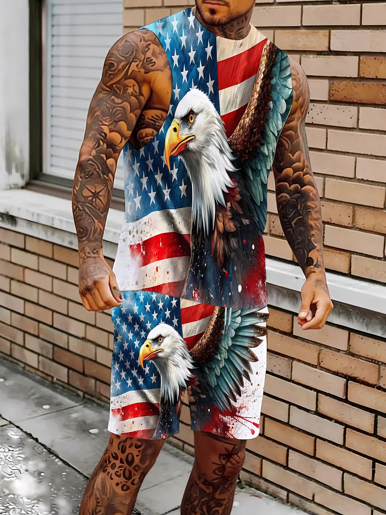 Men's Hawaiian Print Tank Top and Shorts Set Vibrant Polyester Summer Beach Suit Standard Size