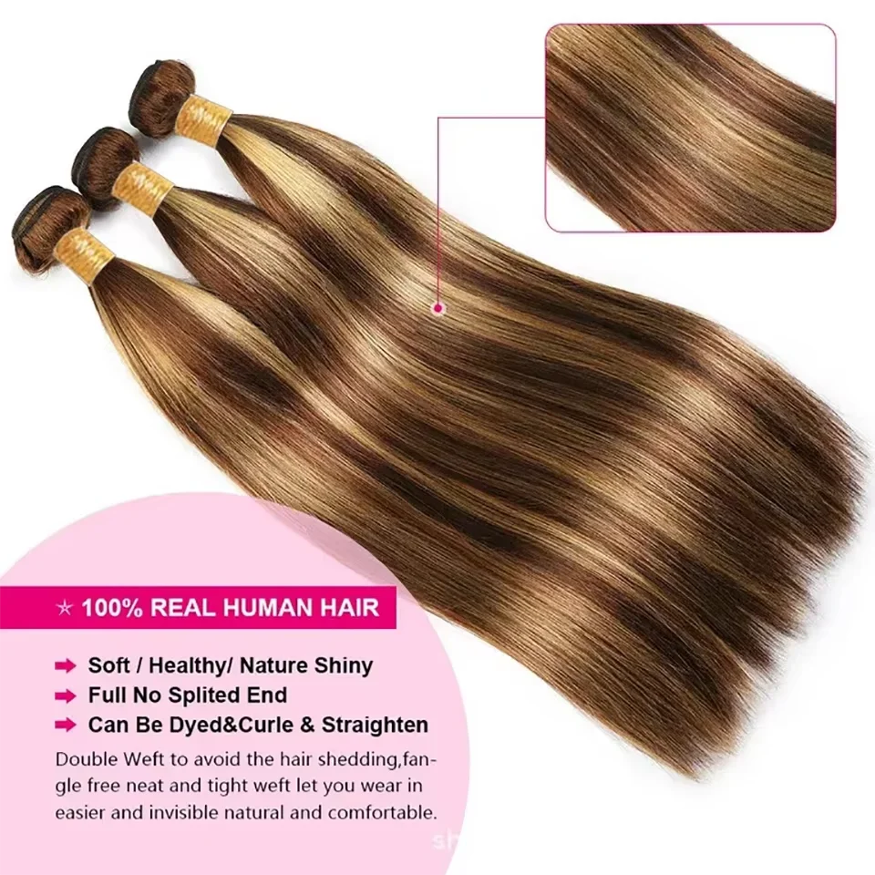 Human Hair Weaves Highlight Straight 1/3 Bundles P4/27 Honey Blonde Brown For Women Brazilian Straight Bundles Human Hair Virgin