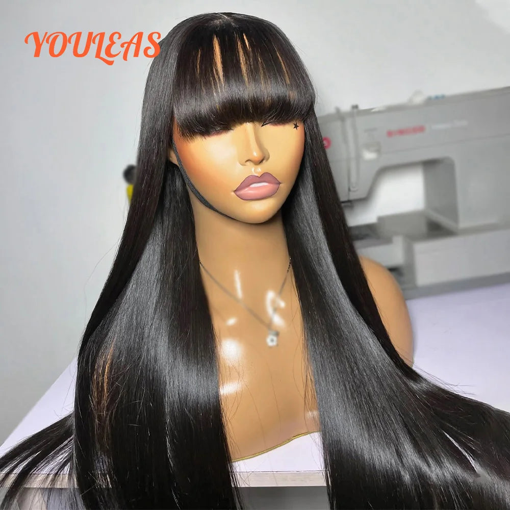 Bone Straight With Bangs 100% Human Hair Wig 360 Precut Transparent Lace Front Hair Wig Virgin Hair For Woman For Clearance