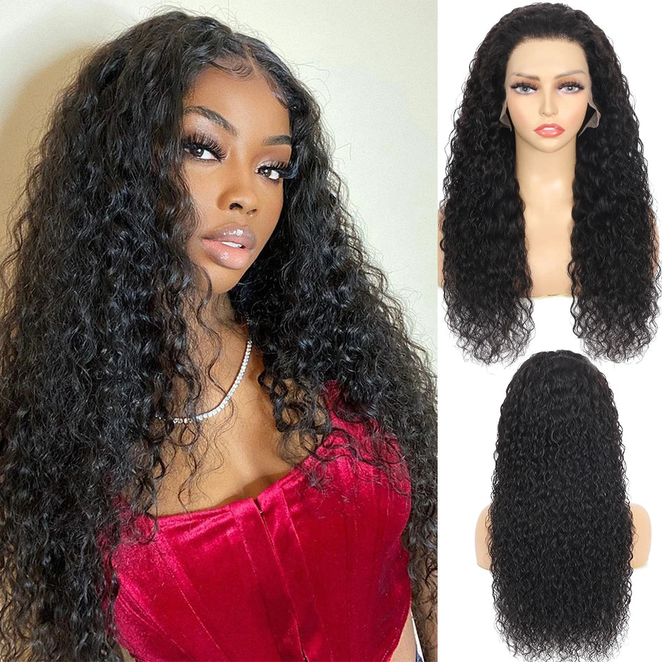 100% Brazilian Human Hair 13x6 Water Wave HD Lace Front Wig 180% Density Glueless Pre Plucked Deep Curly 5x5 HD Lace Closure Wig