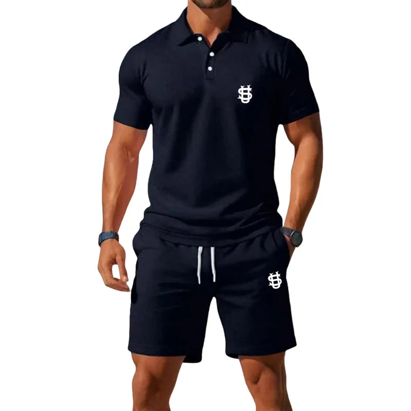 Men's summer sports outfit T-shirt top - two-piece set, including shorts, with a slim fit design and a gentleman's style