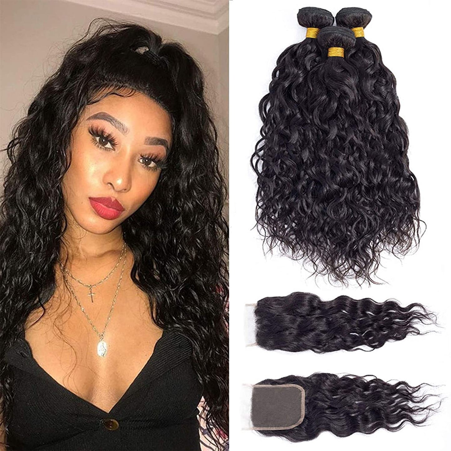 10A Grade 3/4 Water Wave Human Hair bundles with 4x4 Closures & 13x4