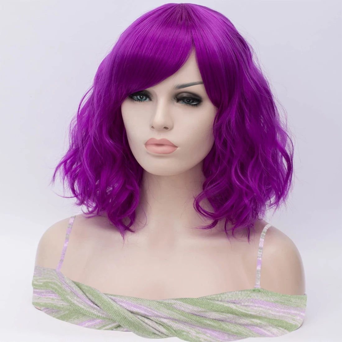 Short Purple Wavy Synthetic Wig With Side Bangs for Women Daily Cosplay Party Wear