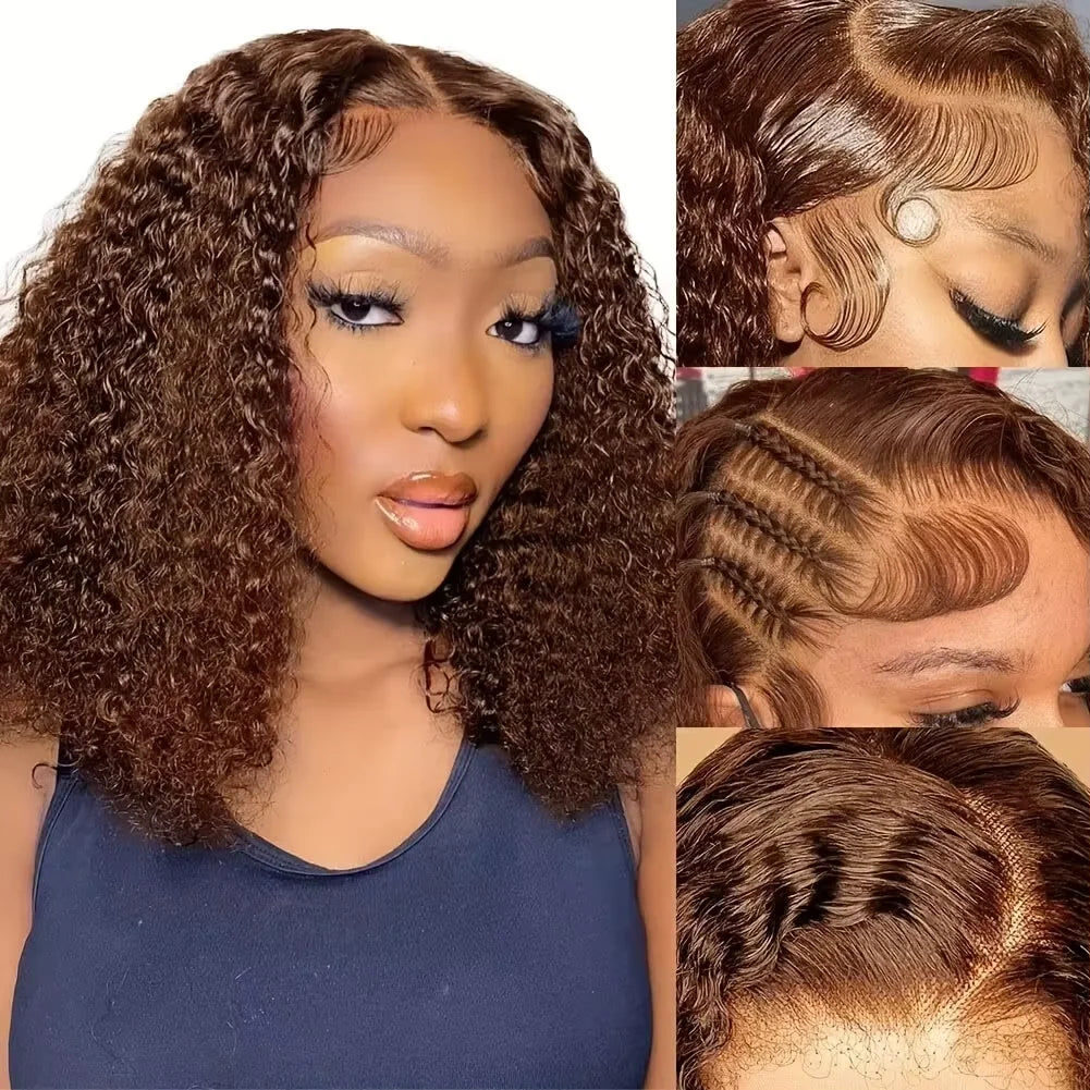 Wet And Wavy Lace Frontal Wig Short Bob Wig Pre Plucked #4 Deep Wave Full Virgin Human Hair Bob Brown Lace Front Wigs Bob Human Hair Multi Part Pre Plucked with Baby hair
