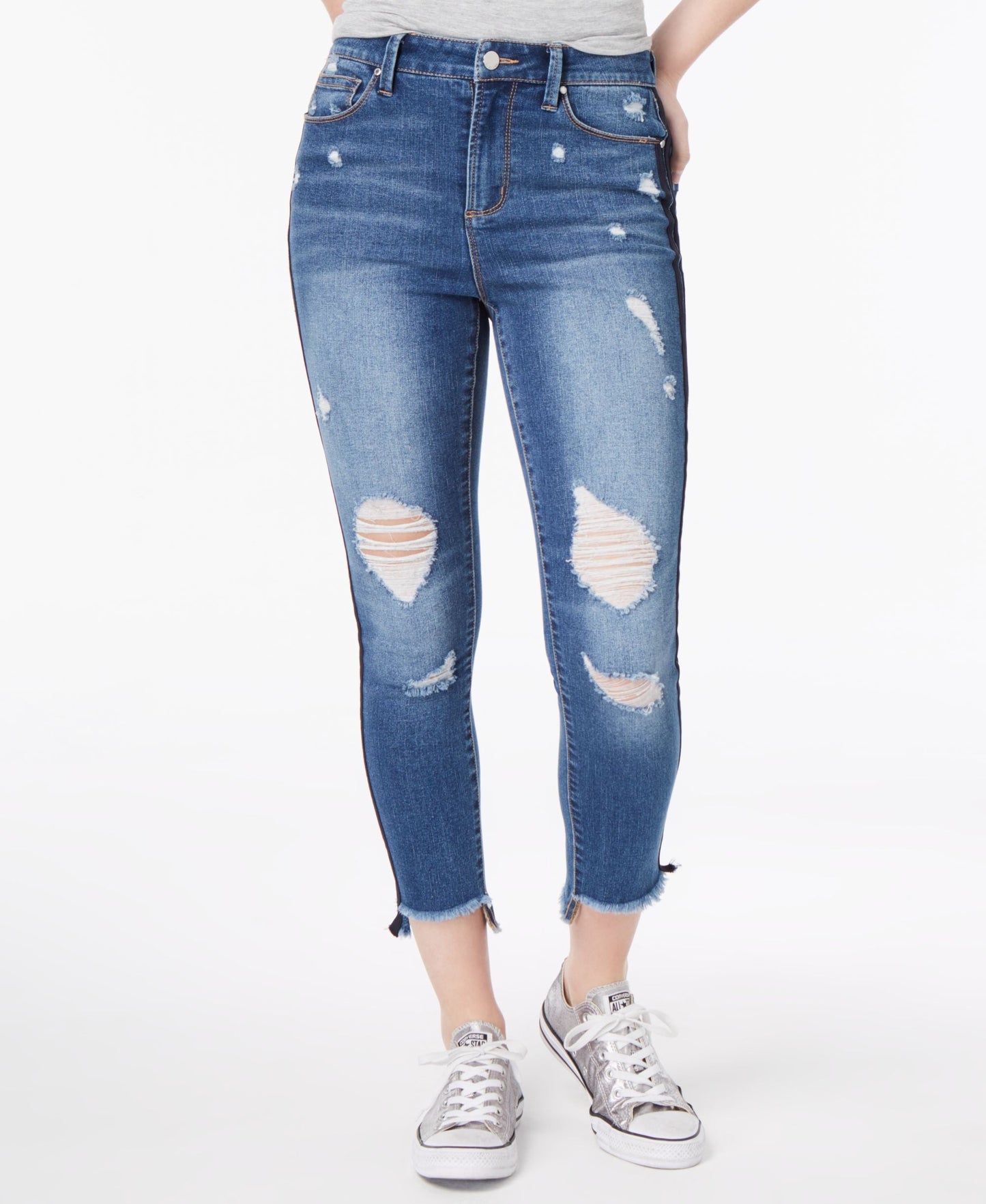 Tinseltown Juniors Ripped Varsity Stripe Ankle Skinny Jeans