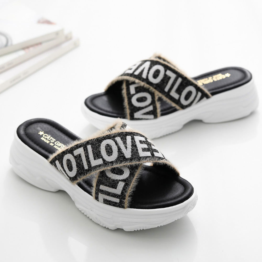 Cats Girls Fuzzy Letter Thick Heel Slippers
