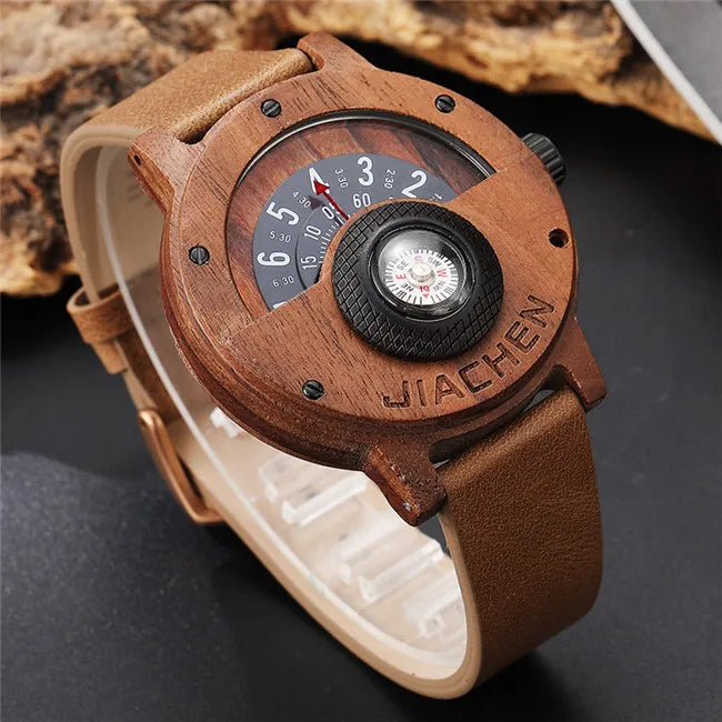 Men Wood Bamboo Watch Unique Turntable Dial Male Military Watches Compass Quartz Watch With Leather Band