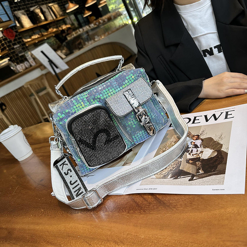 Western Style Hot Diamond Women's Bag 2025 New Fashion Trendy Rhinestone Contrasting Handbag Burst Cracked Glossy Single Shoulder Crossbody Bag