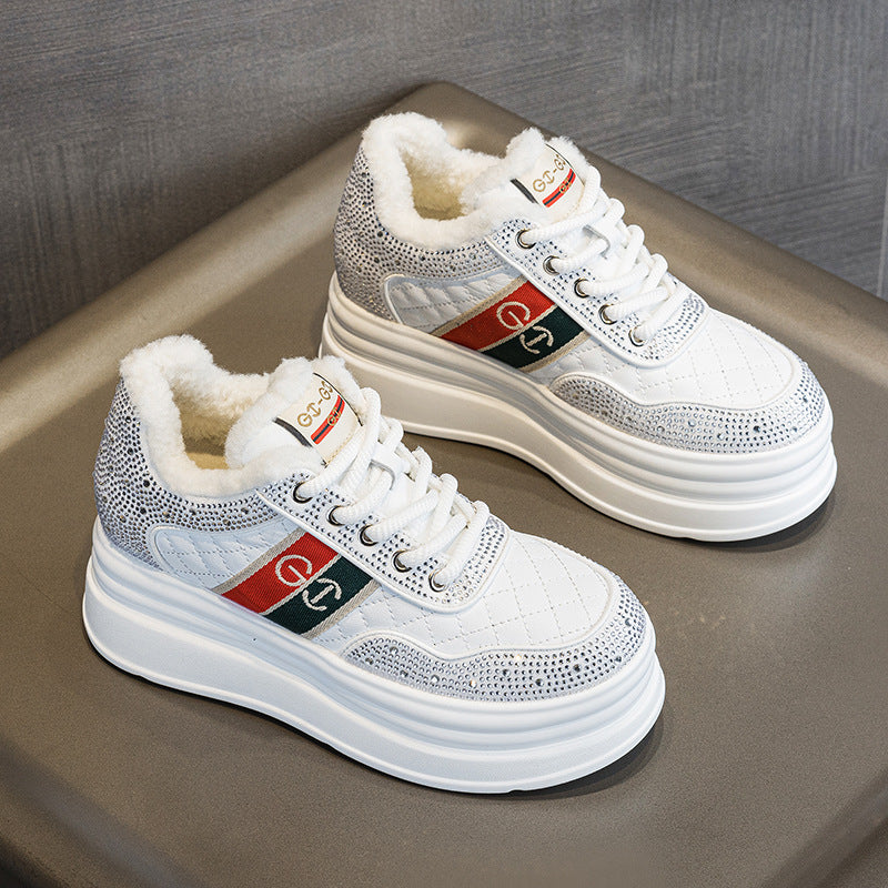 Winter New Thick Sole Height 7cm Fashion All-match Rhinestone Striped Chanel Style Casual Shoes Women's fleece-lined Sneakers