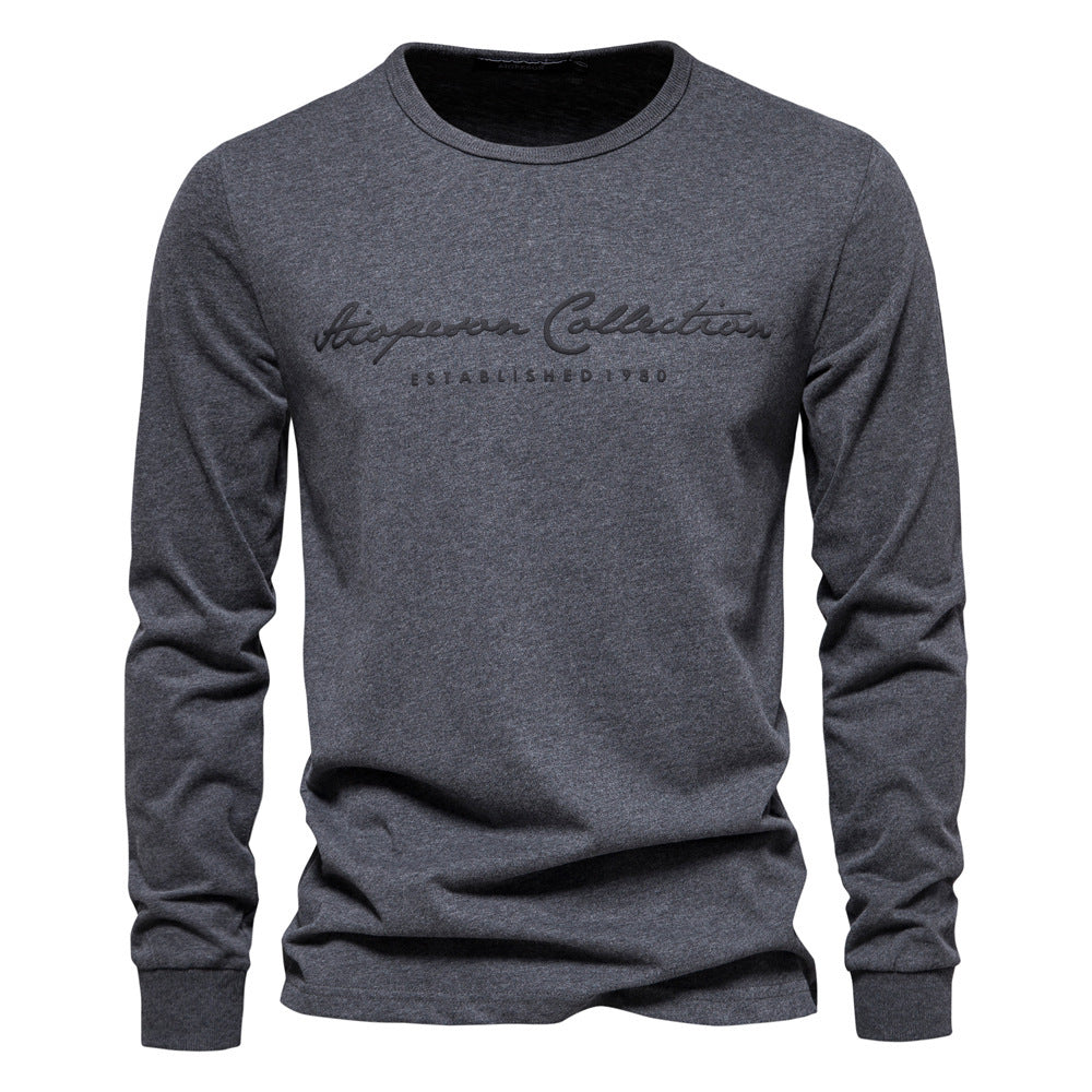 Printed Shirt European Size Round Neck Men's Long-Sleeved Bottoming Letter New Casual Sports Pure Color Cotton T-Shirt