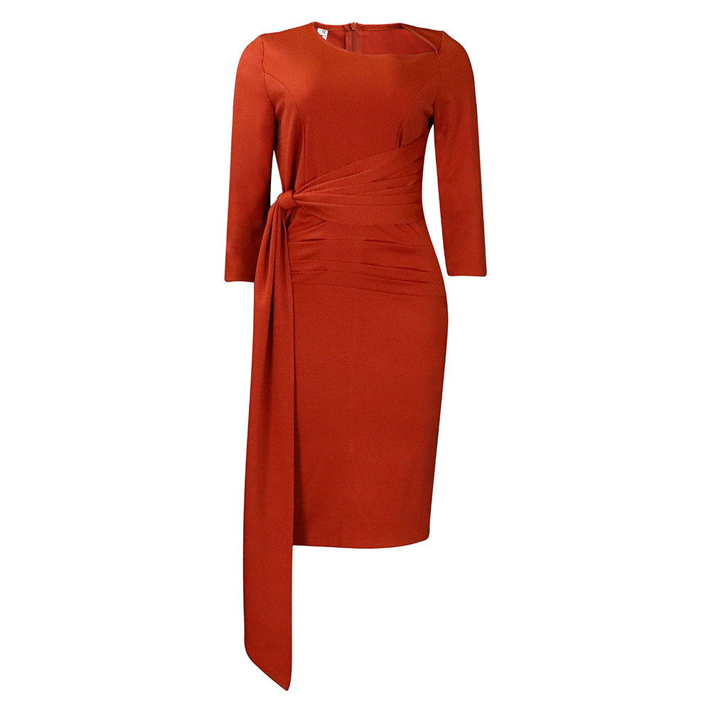 D3168 European and American Clothing Summer Office Dress Three-Quarter Sleeve Pleated Strap Professional Large Size African Dress