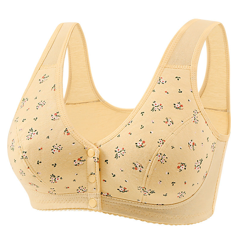 Front Button Middle-Aged and Elderly Large Size Push-Up Bra Thin Underwear Women's Soft Cotton Printed Wire-Free Vest Style Underwear