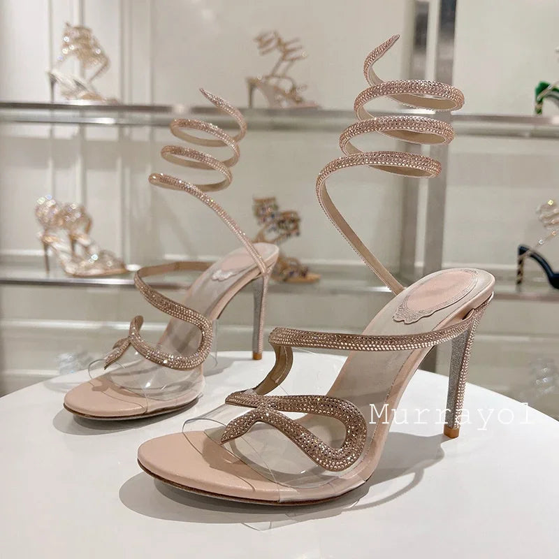 Crystal Decor Snake Shaped Elastic Strap Sandals Women PVC Transparent One Strap Thin Heels Sandalias Summer Dress Shoes Pumps