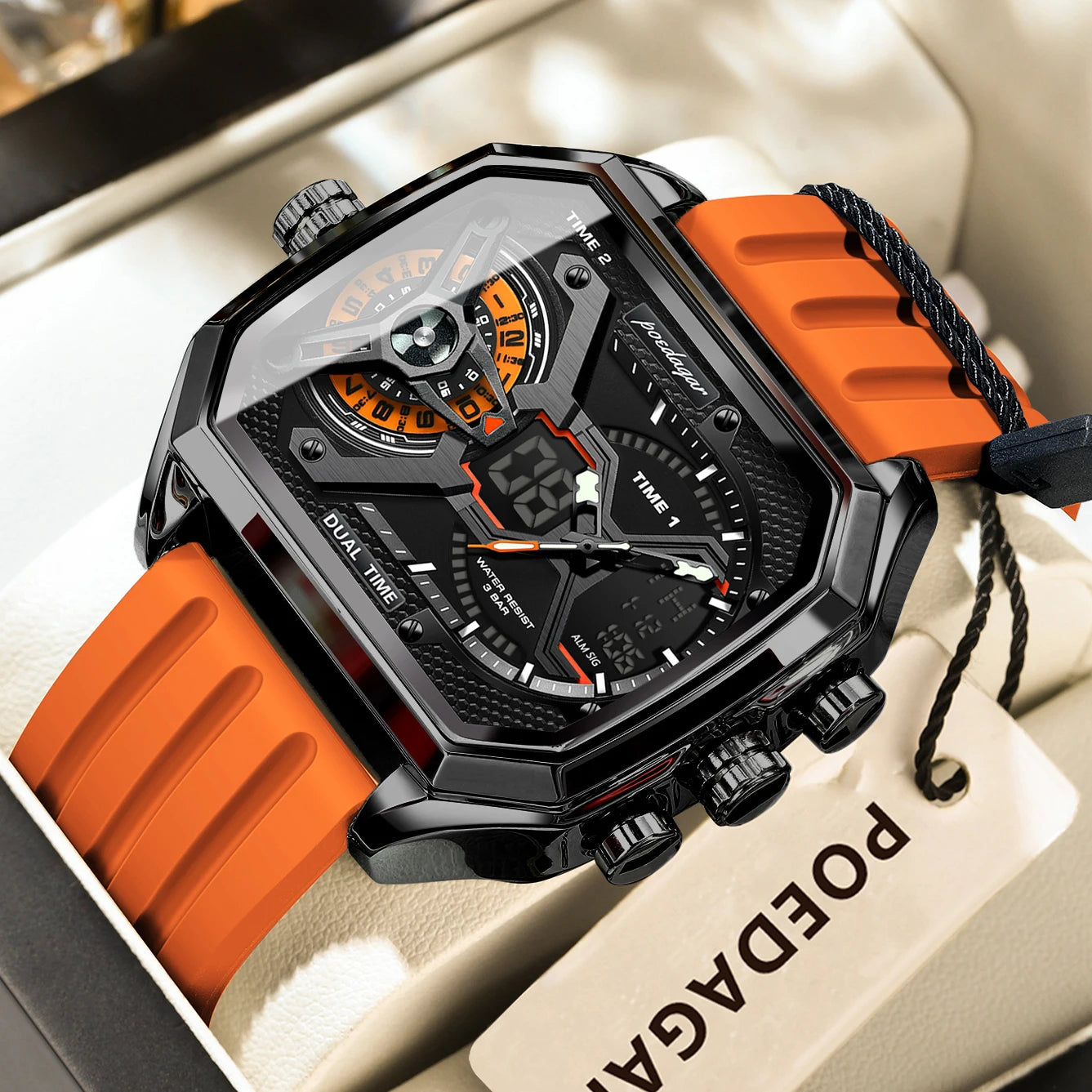 POEDAGAR Luxury Men Wristwatch Date Week Luminous LED Quartz Man Clock Silicone Strap Electronic Dual Time Fashion Men's Watches