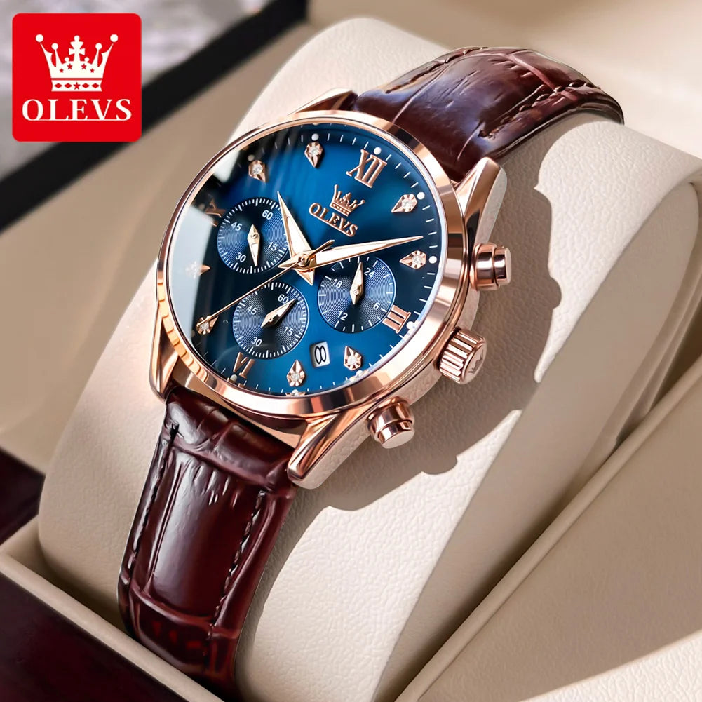 OLEVS Quartz Women's Watch Multifunctional Chronograph Waterproof Luminous Leather Strap Waterproof Luxury Elegant Ladies Watch
