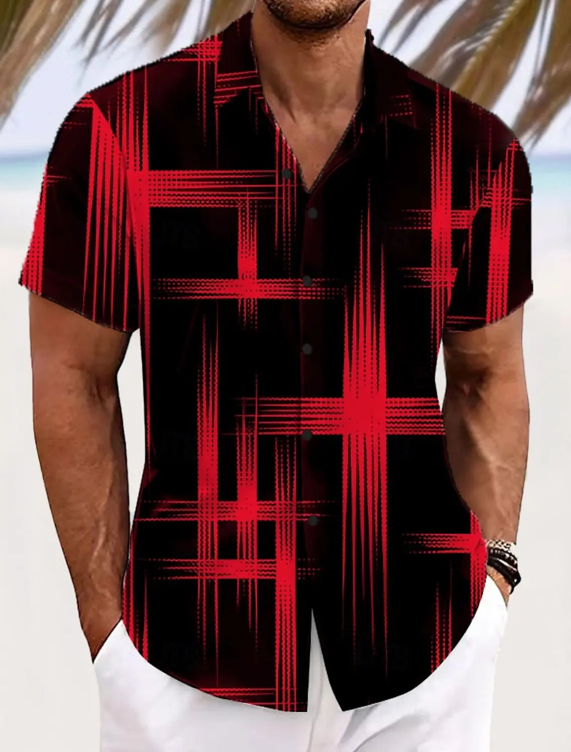 Summer Men's Geometric Grid Plaid Shirts Short SleeveTurndown Hawaiian Shirt Button Up Shirts No Pockets Shirts