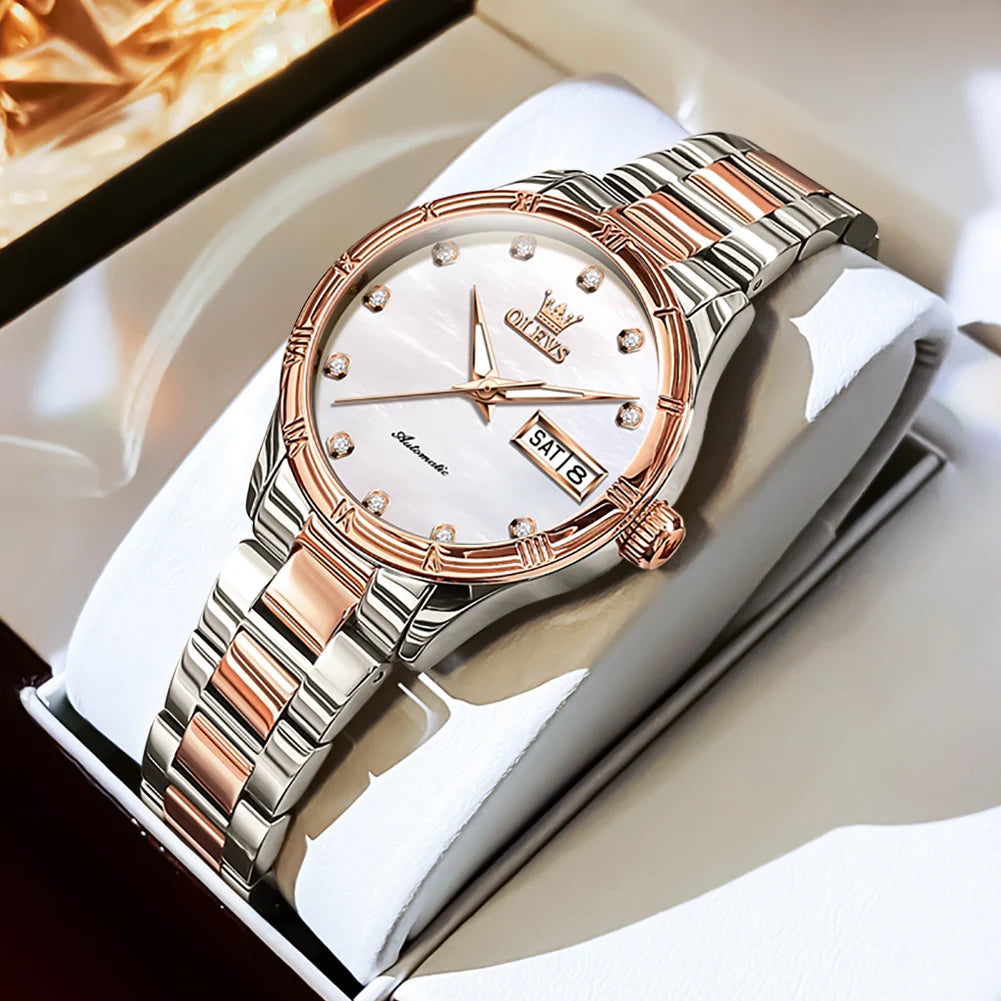 OLEVS New Fashion Ladies Watch Top Brand Casual Automatic Mechanical Watches Date Steel Waterproof Women Male Clock Wristwatch