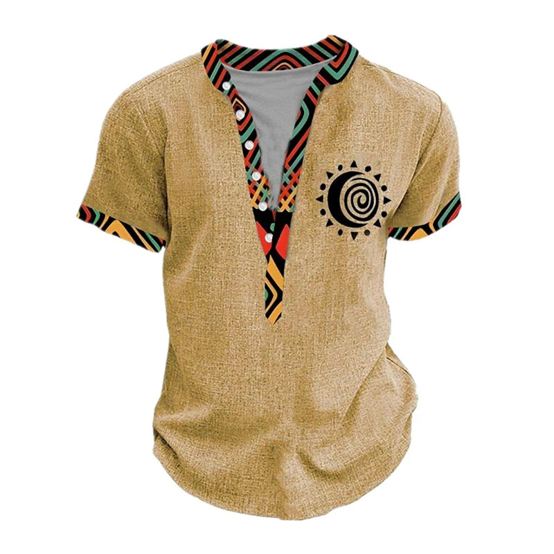 Summer 3D Printed Henry Short Sleeve Shirt Men's Fashion Street Clothing Button Short Sleeve Men's Top