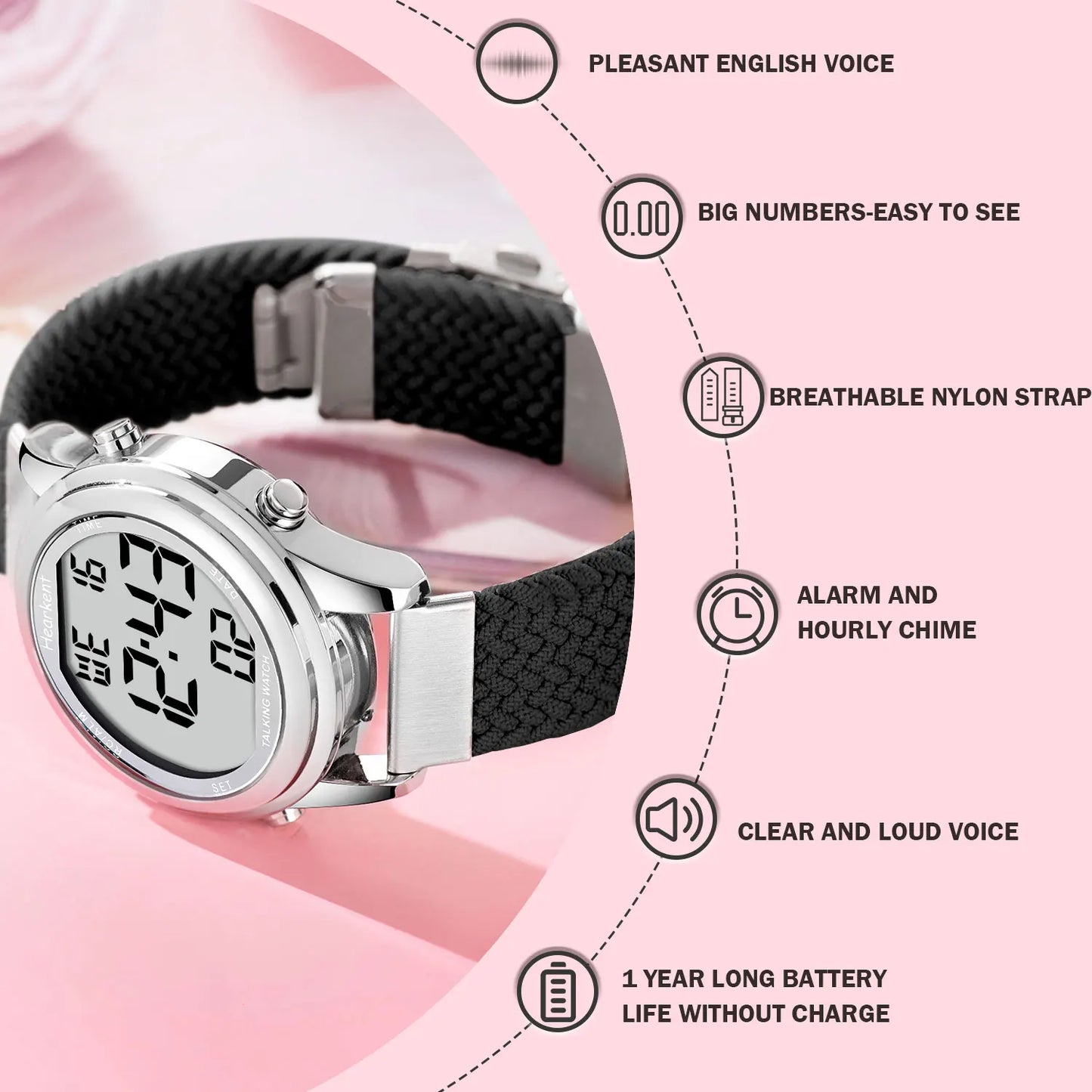 Hearkent Talking Watch Clock for Blind Women Digital Watch Casual Wristwatch Alarm English/German/Spanish/French Speaking Watch
