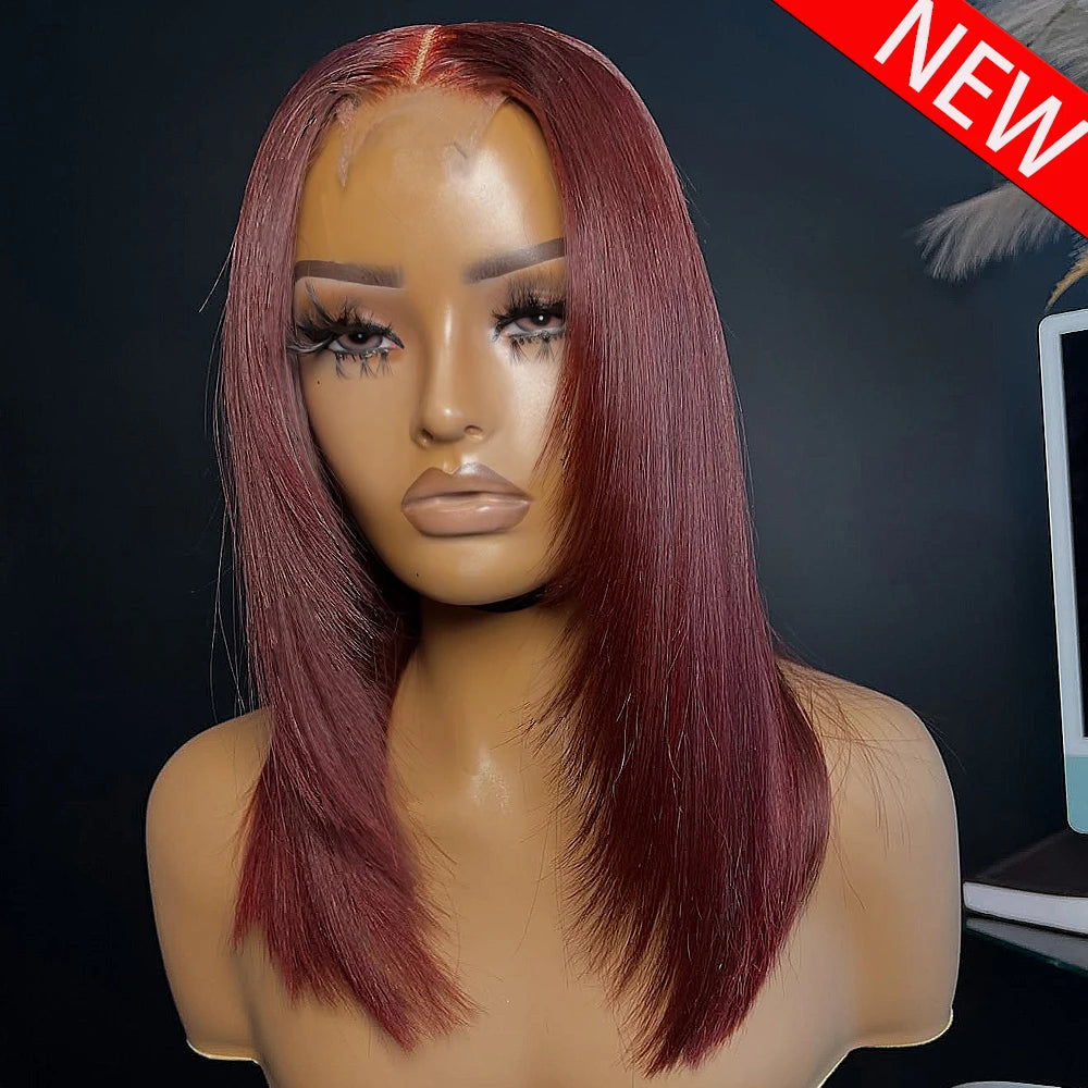 #99J Burgundy Layered straight Glueless Wig 14 Inch 13x6 HD Transparent Lace Frontal Wig 400 Density Human Hair Wigs Pre Plucked