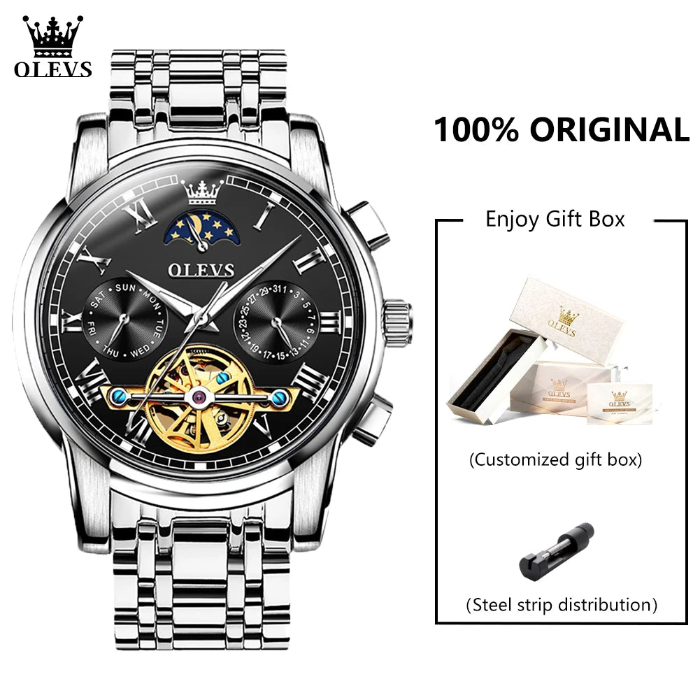 OLEVS 6617 Men's Classic Mechanical Watch Waterproof Business Stainless Steel Strap Watch Sun And Moon 30M Waterproof Watch