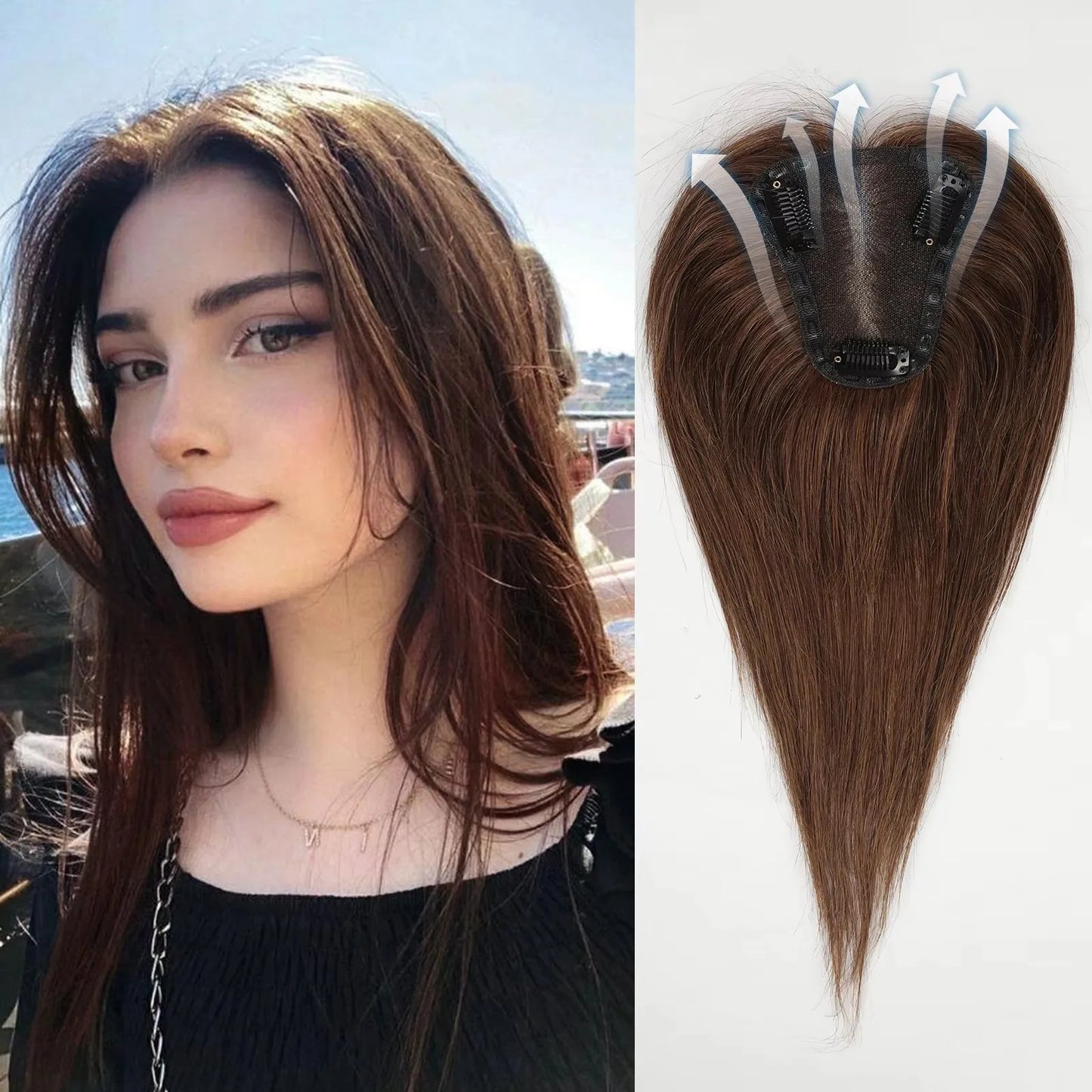 Brown Mixed Blonde Human Hair Toppers Middle Part 100% Remy Human Hair Straight Lace Base Clip in Hairpieces for Women Loss Hair