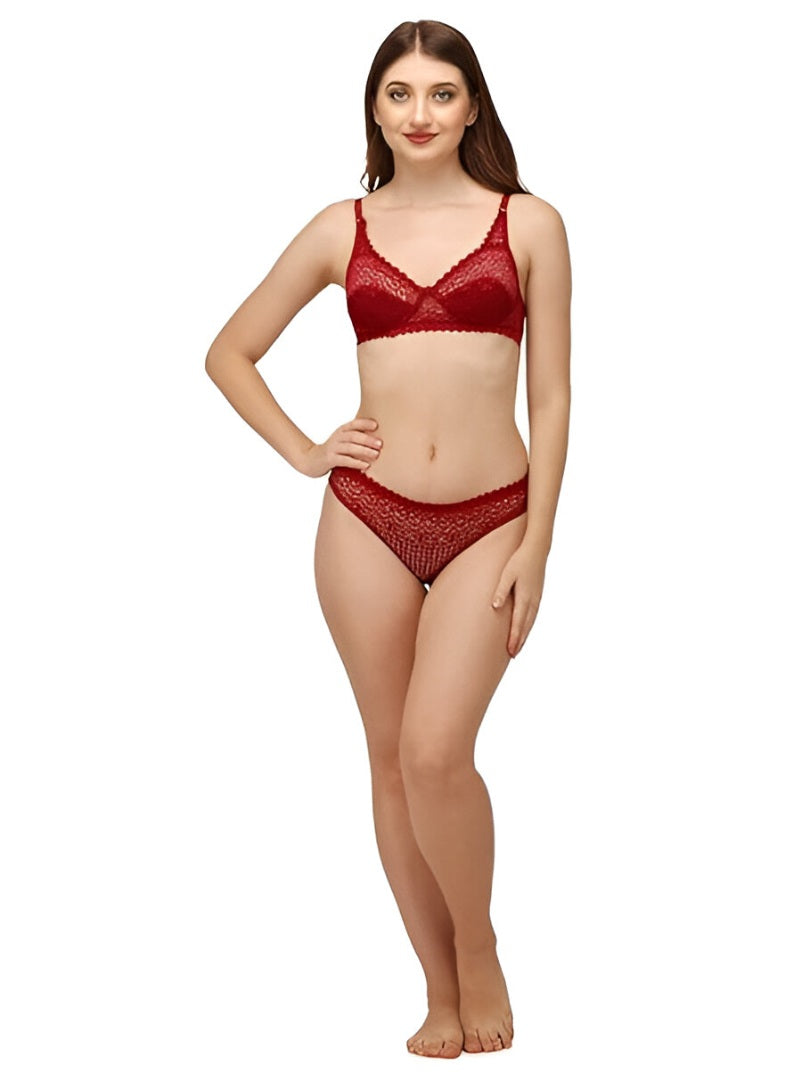 Women' s Dark Red Bra and Panty Set Soft Net Lingerie
