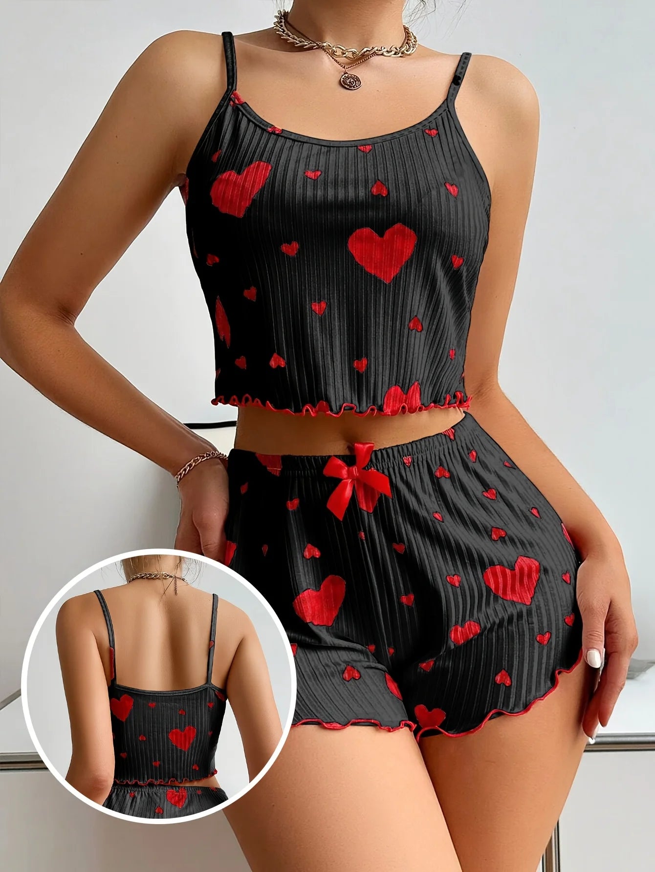 Women 2 Pieces Pajama Set Shorts Homewear Heart Print Underwear Pijamas Sexy Lingerie Camisoles Tanks Sleepwear