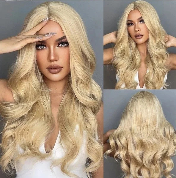 LOUIS FERRE Long Wavy Ombre Brown Wig with Bangs Synthetic Hair Wig Heat Resistant Daily Wear Office Party Cosplay Halloween