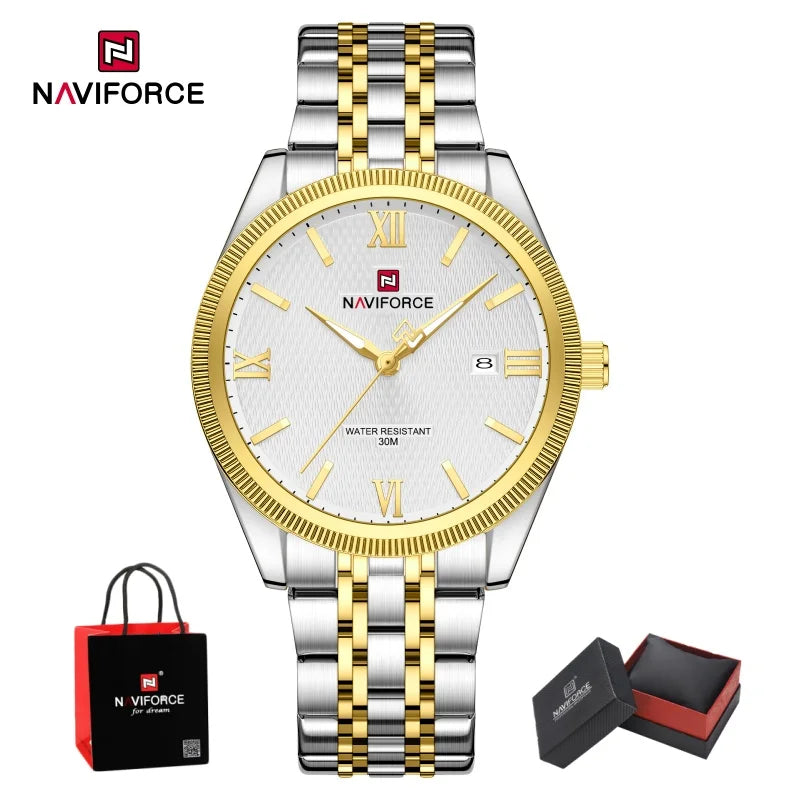 NAVIFORCE Men Elegant Business Stainless Steel Watch 30M Waterproof Luminous Hands Japan Movement Wristwatch Gifts box
