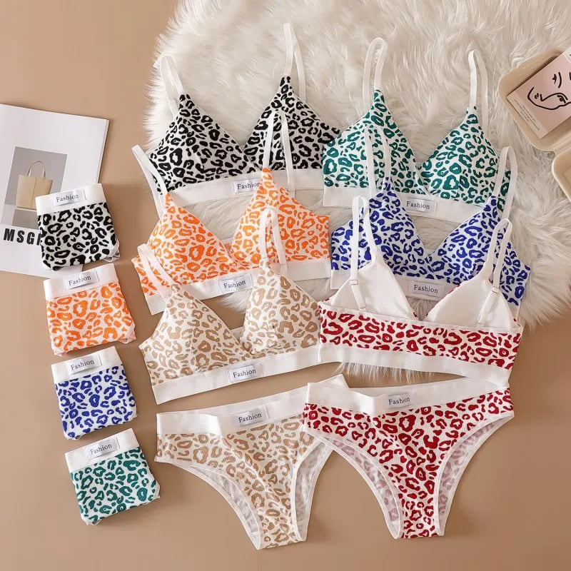 Women Push-Up Bra And Panties Set V-neck Non-wire Bra Low Waist Briefs Female Sexy Lingerie Cotton Leopard Print Underwear Set