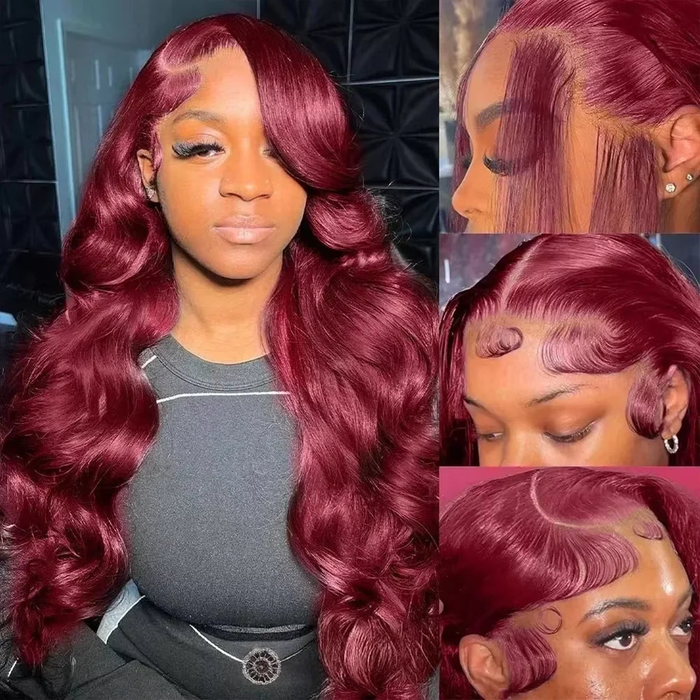 99J Burgundy Red 34 Inch Body Wave Lace Front Wigs 13x4 HD Transparent Human Hair Pre Plucked Dark Burgundy 99J Colored Wig 13x6 Lace  Wigs Pre-Plucked Body Wave Hairstyle For Women