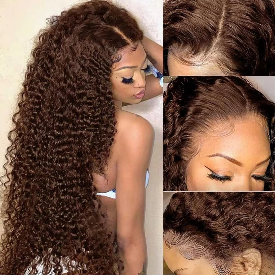 34 Inch Deep Wavy Lace Front Wig in Chocolate Brown Featuring 200 Density And 13X6 HD Lace. This Curly Human Hair Wig Is Ideal for Women And Comes with Pre-Added Natural Hair Threads in Shade 4 Brown