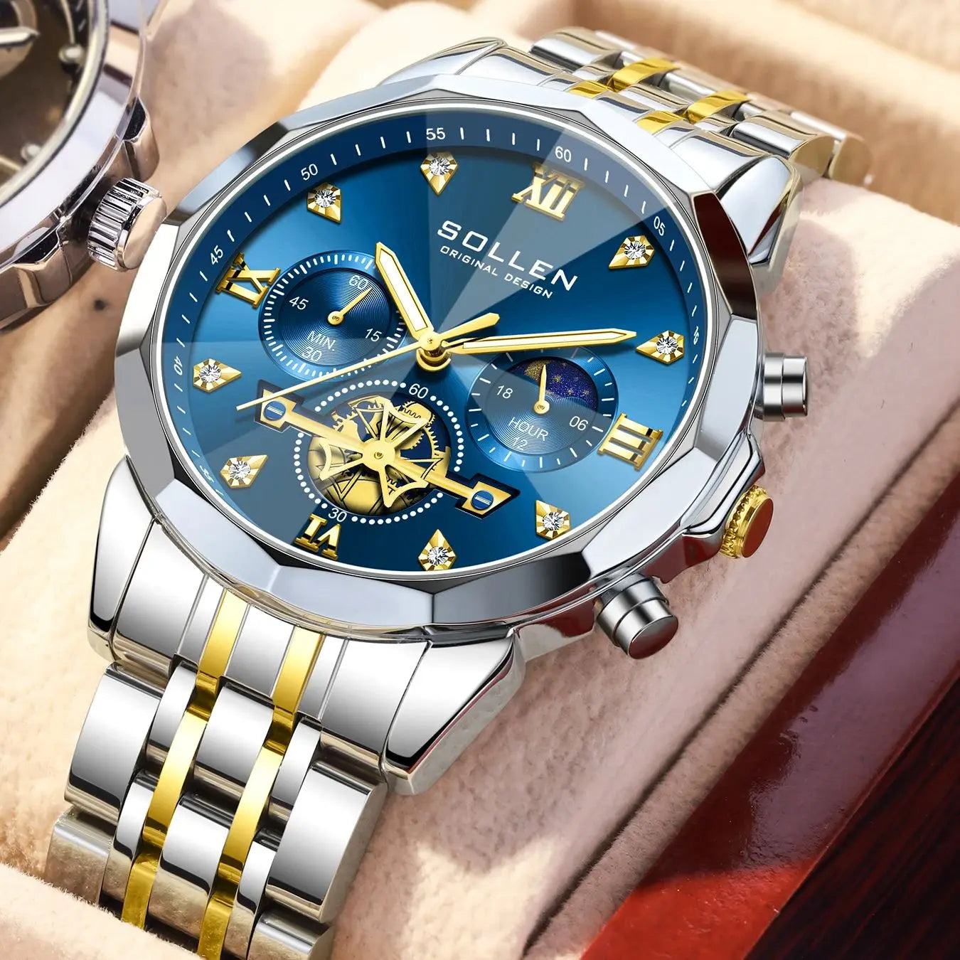 Men's Moon Phase Chronograph Watch, Ultra-Thin Automatic Day Date Watch with Stainless Steel Strap, Casual Dress Watch for Busin