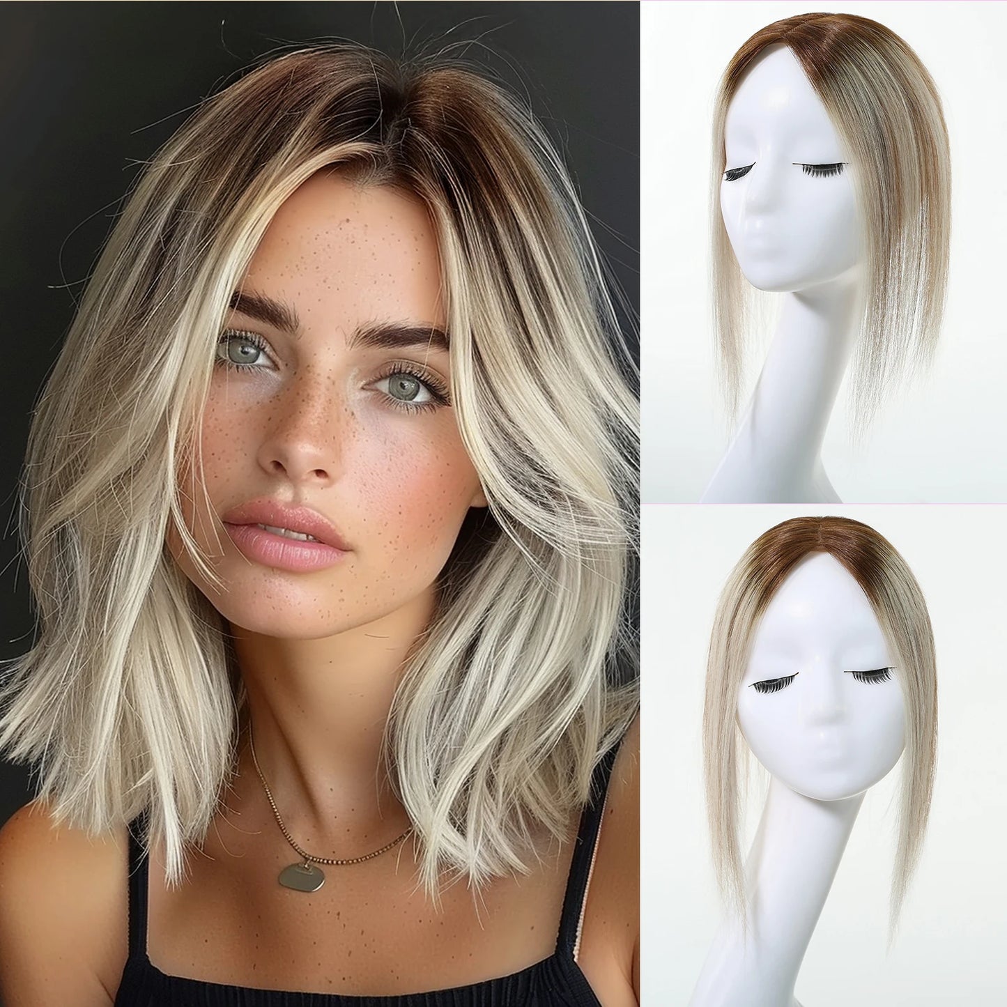 Brown Mixed Blonde Human Hair Toppers Middle Part 100% Remy Human Hair Straight Lace Base Clip in Hairpieces for Women Loss Hair