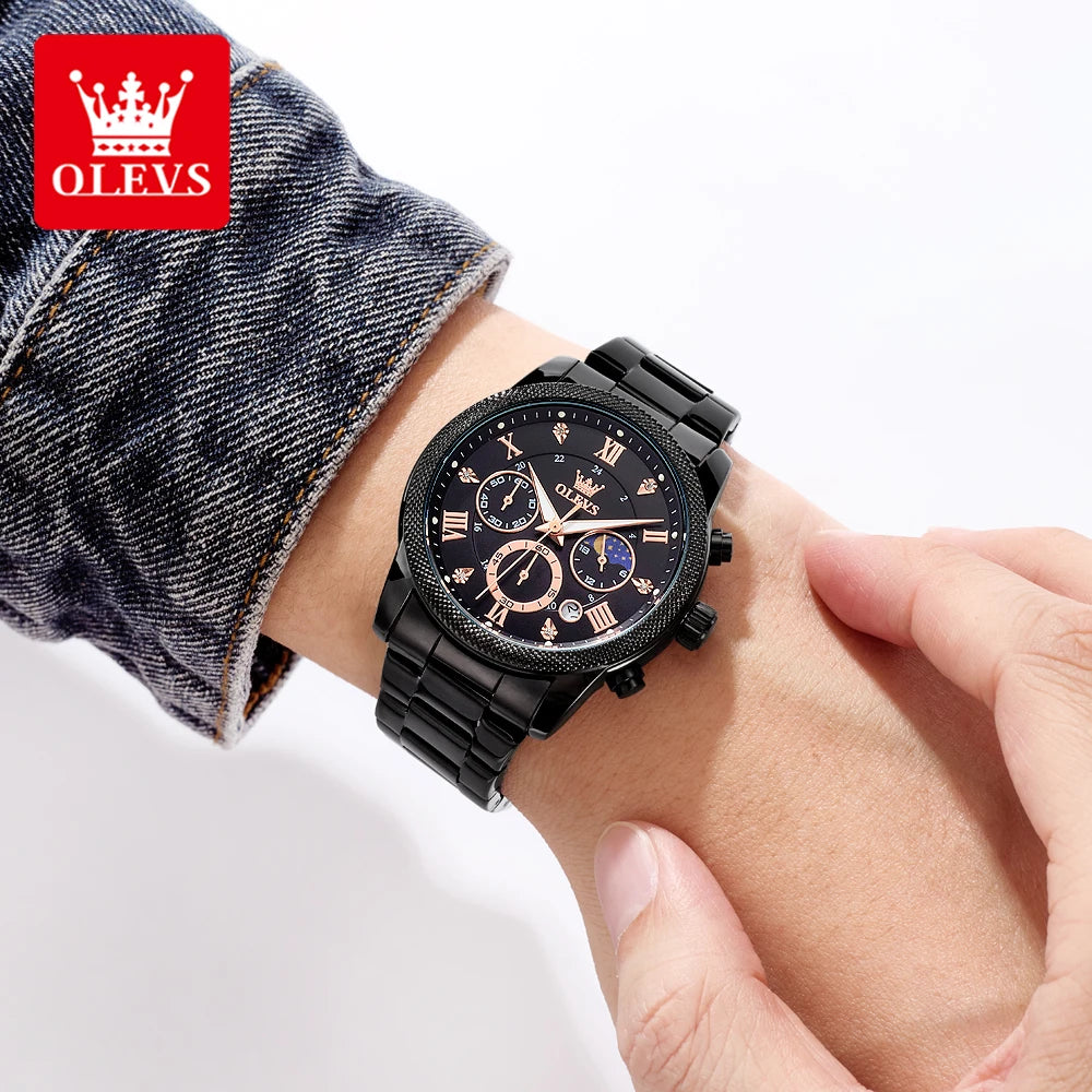 OLEVS Original Fashion Men's Watches Trendy 30m Waterproof Date Quartz Watch for Man luminous box moon phase Brand wristwatch