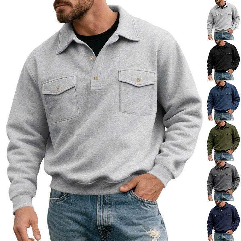 Men's 2026 European Size Heavyweight Sweatshirt, American Spring Autumn, Double Pocket Cargo Moto Style, Casual Turn-Down Collar
