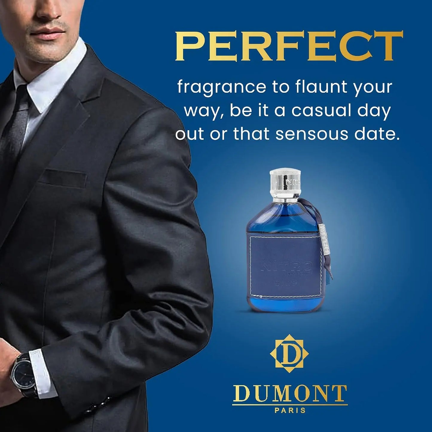 Nitro Blue Dumont Men EDP Perfume 100ml Fresh Marine Citrus Cologne Blue Glass Bottle Silver Cap Luxury Black Gift Box Daily Summer Business Wear