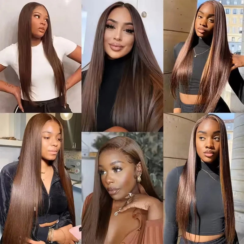 220% Density 34 Inch Chocolate Brown Bone Straight Lace Front Human Hair Wig Straight Wig 13x6 Transparent HD Lace Frontal Wigs