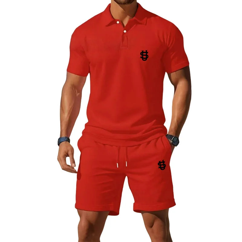 Men's summer sports outfit T-shirt top - two-piece set, including shorts, with a slim fit design and a gentleman's style