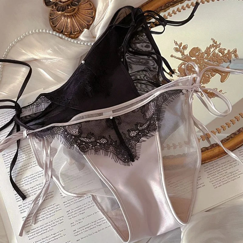 French Romantic Lace Mesh Sexy Women's Underwear Low Waist Cotton Crotch Satin Transparent Panties Thin Erotic Briefs Lingerie