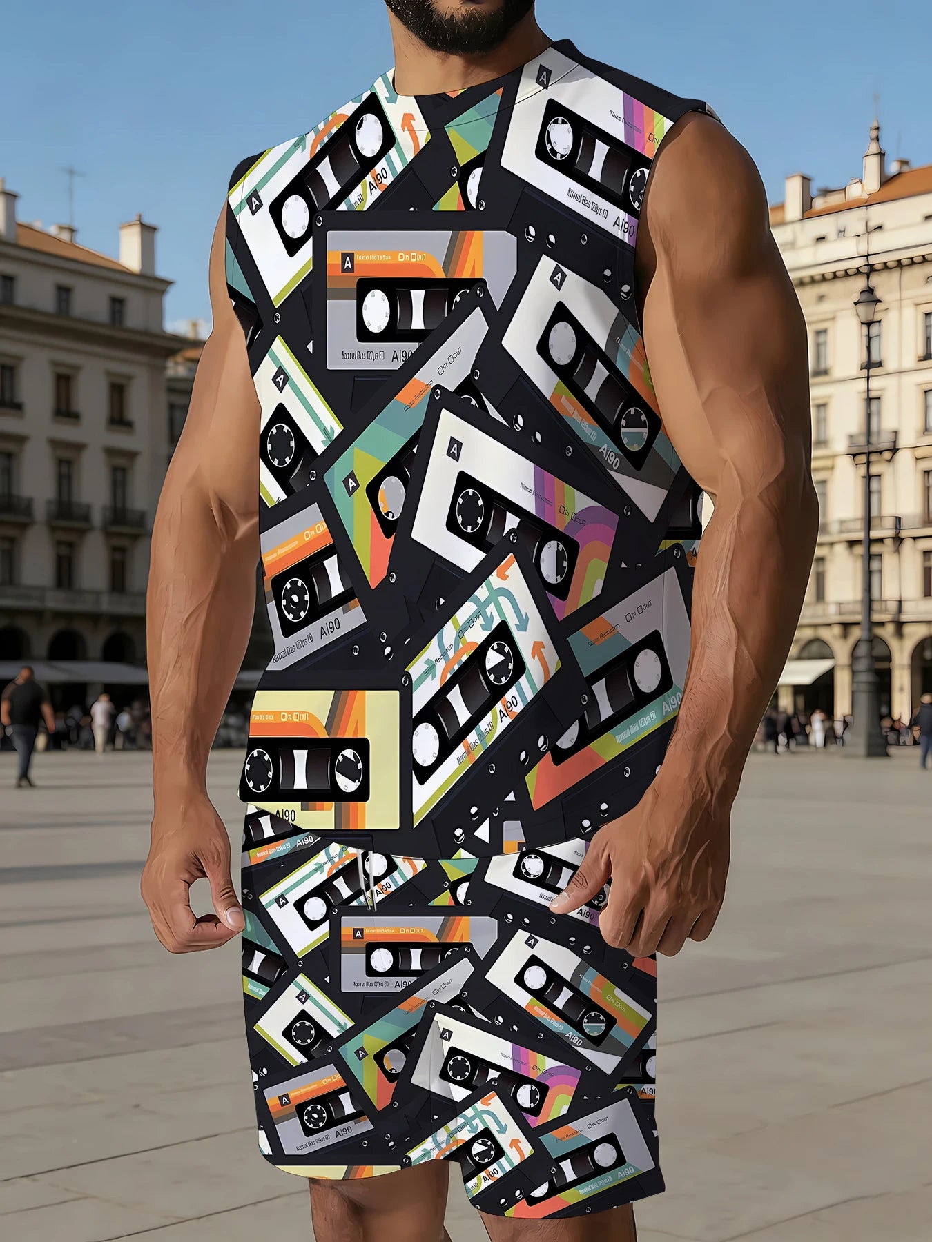 Men's V-Neck Tank Top and Shorts Set Lightweight Polyester Homewear Vacation Outfit Standard Fit