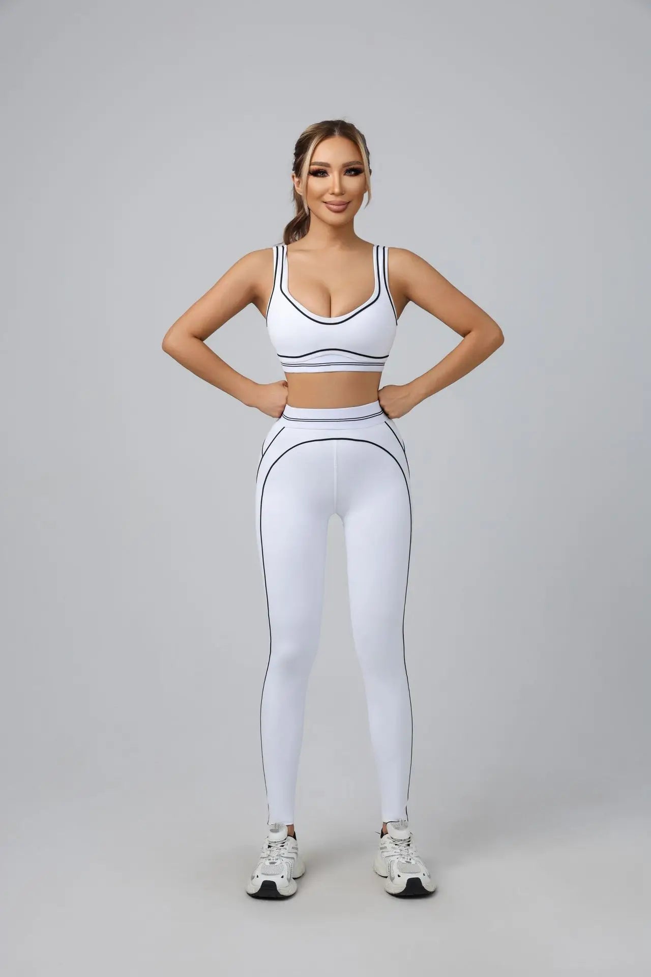 Yoga Suit Women Sport Set Pilates Clothing High Waisted Elasticized Leggings Hip Lifting Pants Gather Top Vest Strip Workout Set