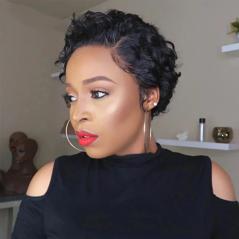 Peruvian Hair Pixie Cut Wig Kinky Curly Virgin Hair Wig 1B/30 Short Bob Natural Color Full Machine Made Wigs For Black Women