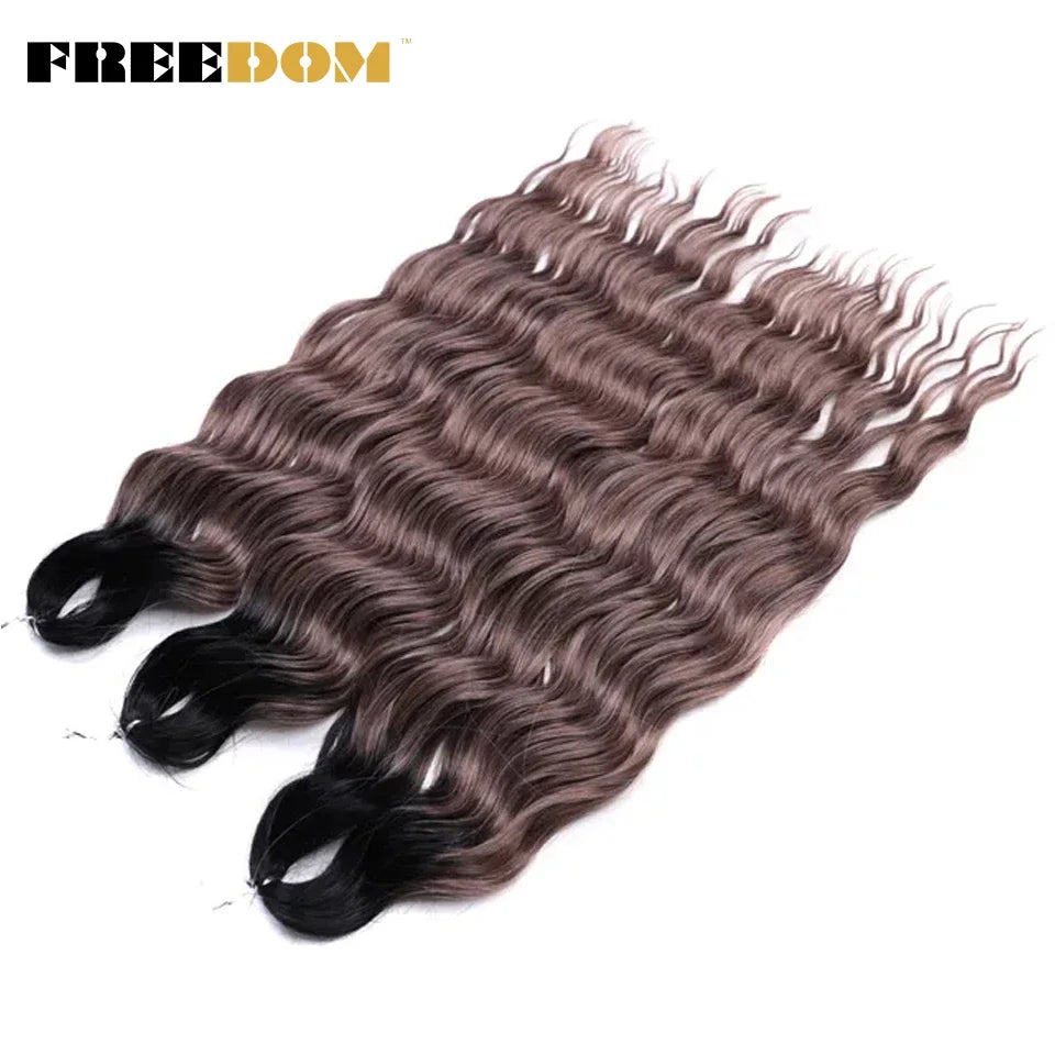 FREEDOM Synthetic Curly Braiding Hair Extensions 24 Inch/60 cm Long Deep Wavy Twist Crochet Braids Hair Ombre Brown Rainbow Hair