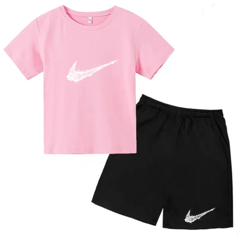 Summer Brand White T-shirt+Shorts Two-piece Set Kids New Clothing Fashion Letter Boy Girl3-13Yrs Sports Short-sleeved Casual Set